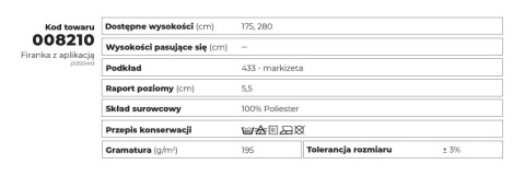 Firanka biała z aplikacją na markizecie pasowa, wys.280cm 008210 Firanka biała z aplikacją na markizecie pasowa, wys.280cm 008210