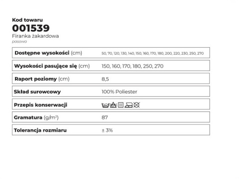 Firanka biała żakardowa pasowa wys.250cm 001539 Firanka biała żakardowa pasowa wys.250cm 001539