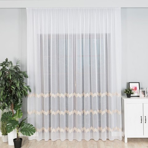 Firanka haftowana ze wzorem pasowym z ołowianką, wys.280cm, kolor biały ze złotym 112750/OLO/004/000280/1 Firanka haftowana ze wzorem pasowym z ołowianką, wys.280cm, kolor biały ze złotym 112750/OLO/004/000280/1