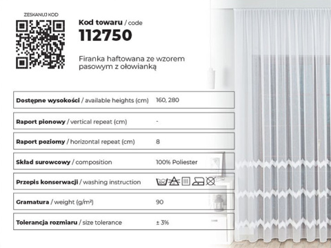 Firanka haftowana ze wzorem pasowym z ołowianką, wys.160cm, kolor biały z szarym i srebrnym 112750/OLO/002/000160/1 Firanka haftowana ze wzorem pasowym z ołowianką, wys.160cm, kolor biały z szarym i srebrnym 112750/OLO/002/000160/1