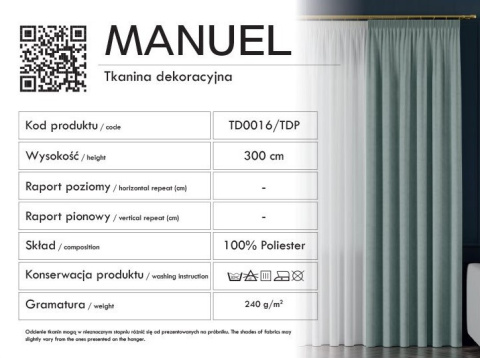 MANUEL Tkanina na zasłony, wys. 300cm, kolor 813 szmaragdowy zielony TD0016/TDP/813/000300/1 MANUEL Tkanina na zasłony, wys. 300cm, kolor 813 szmaragdowy zielony TD0016/TDP/813/000300/1
