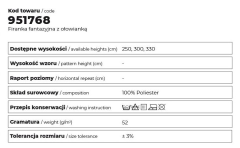 Firanka fantazyjna z ołowianką, wys. 320cm, kolor 012 kremowy 951768/OLO/012/000320/1 Firanka fantazyjna z ołowianką, wys. 320cm, kolor 012 kremowy 951768/OLO/012/000320/1