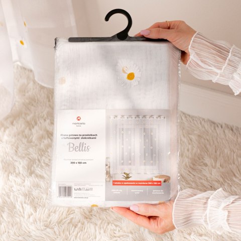 BELLIS Firana gotowa na taśmie, haftowana z ołowianką, 250x140cm, kolor biały