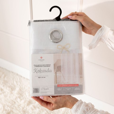 KOKARDKA Firana gotowa na etaminie, haftowana, na taśmie, z ołowianką, 250x140cm, kolor 002 biały ze złotym