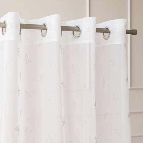 RIBBON Firana gotowa na woalu w diamentowe kokardki, na srebrnych przelotkach z ołowianką, 250x140cm, kolor biały