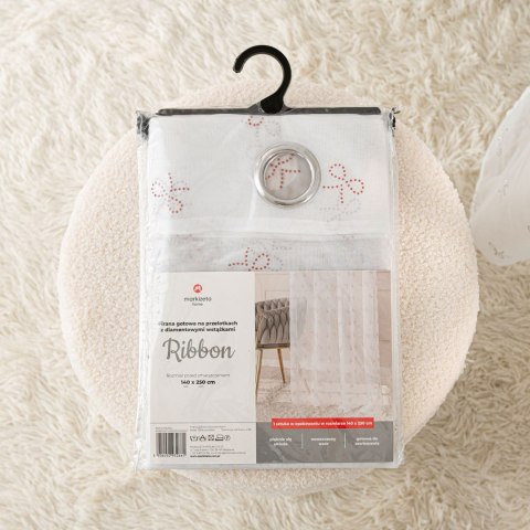 RIBBON Firana gotowa na woalu w diamentowe kokardki, na taśmie z ołowianką, 250x140cm, kolor 002 biały