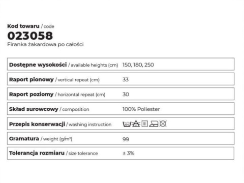 Firanka biała żakardowa po całości wys.250cm 023058