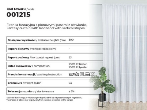 Firanka fantazyjna z pionowymi pasami z ołowianką, wys. 300cm, kolor biały z czarnym 001215/OLO/007/000300/1 Firanka fantazyjna z pionowymi pasami z ołowianką, wys. 300cm, kolor biały z czarnym 001215/OLO/007/000300/1
