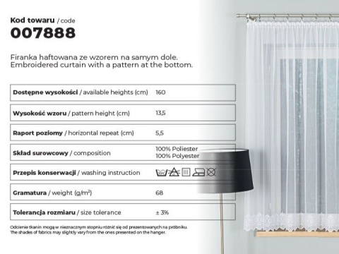 Firanka haftowana ze wzorem na samym dole, wys. 160cm, kolor biały 007888/768/001/000160/1 Firanka haftowana ze wzorem na samym dole, wys. 160cm, kolor biały 007888/768/001/000160/1