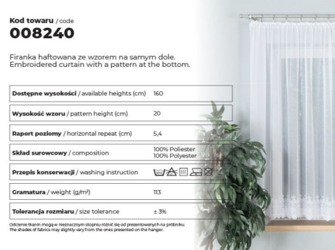Firanka haftowana ze wzorem na samym dole, wys. 160cm, kolor biały 008240/768/001/000160/1 Firanka haftowana ze wzorem na samym dole, wys. 160cm, kolor biały 008240/768/001/000160/1
