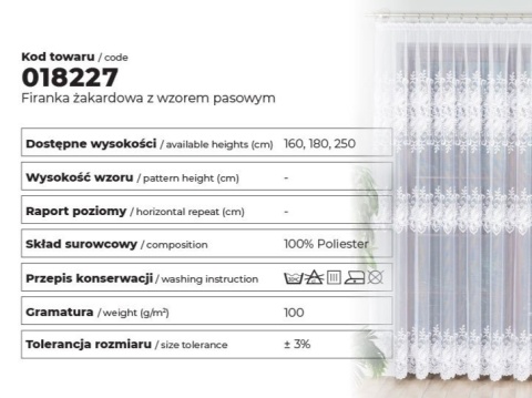 Firanka żakardowa, pasowa, wys. 250cm, kolor biały 018227/000/001/000250/1 Firanka żakardowa, pasowa, wys. 250cm, kolor biały 018227/000/001/000250/1