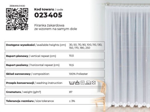 Firanka żakardowa z samym dołem, wys. 100cm, kolor biały, 023405