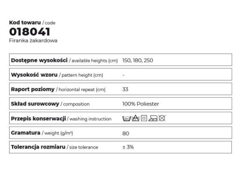 Firanka żakardowa ze wzorem po całości, wys.230cm, kolor biały 018041